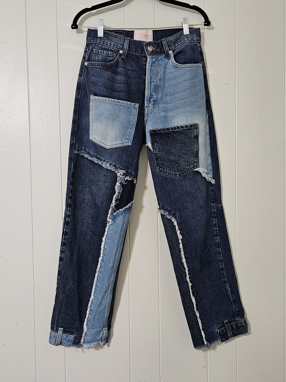 Revice Patchwork Jeans Women Size 26 Colorblock Distressed Raw Hem Denim